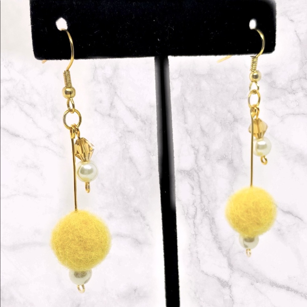 Yellow and gold needle felted beaded earrings with pearl beads handmade